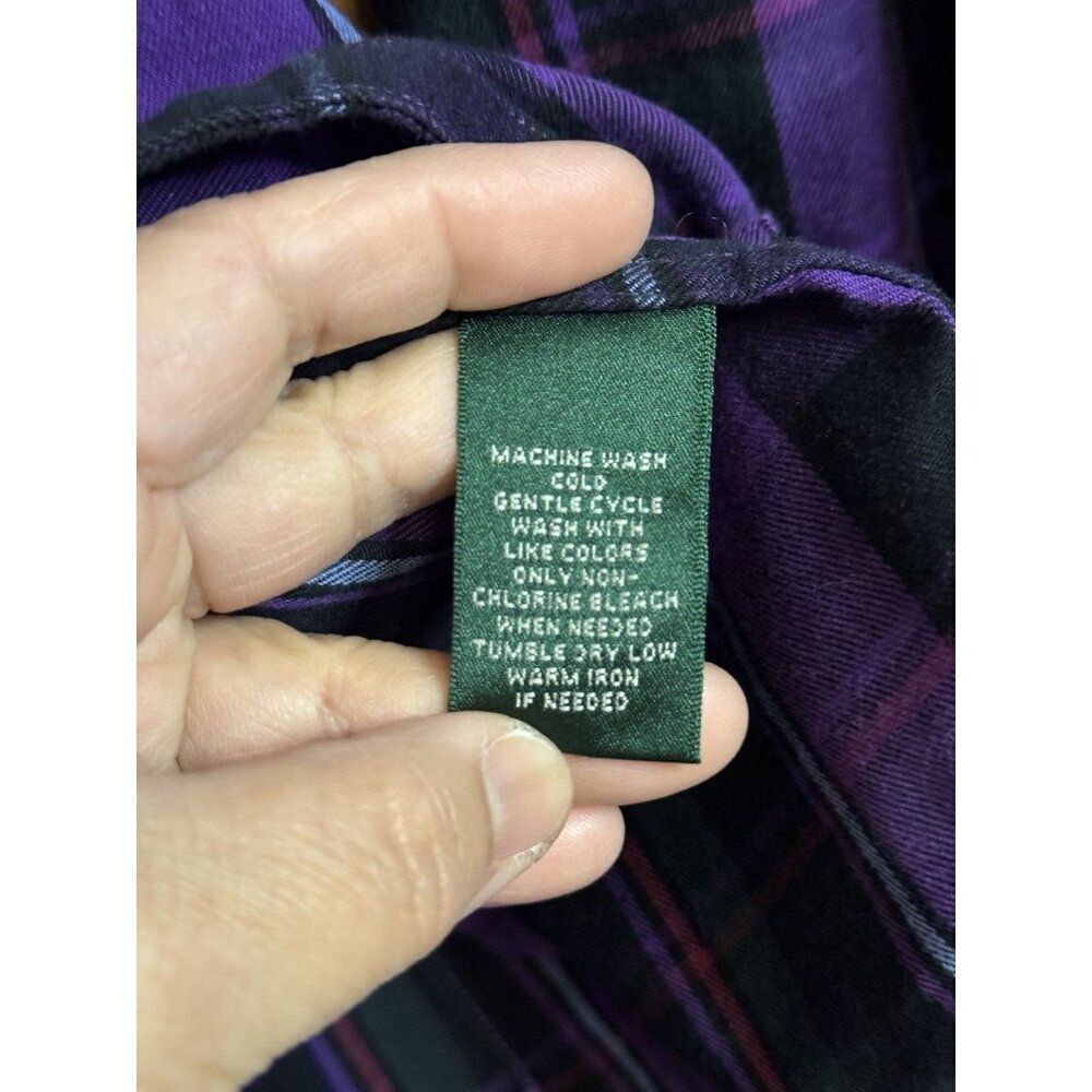 RALPH LAUREN Button Shirt LARGE Purple Plaid Ruffle Front Academia Victorian - Picture 7 of 10